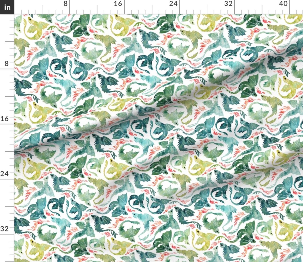 Watercolor Dragons Yellow Green Small Scale Rotated Flying Fairy Tale Custom Printed Fabric by Spoonflower Various Fabrics by the Yard or Fat Quarter